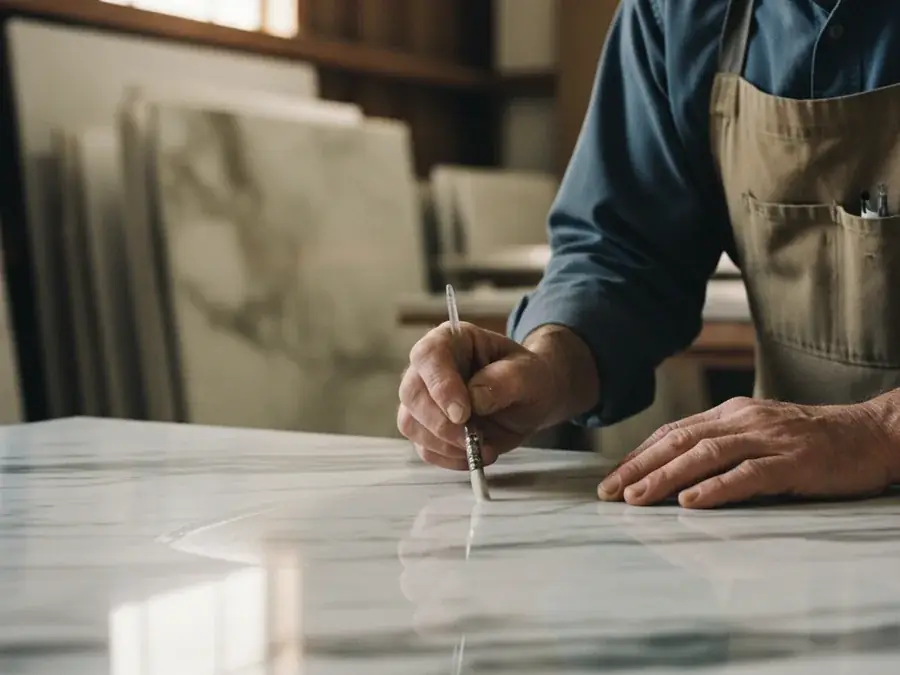 Close-up of a master fabricator's weathered hands applying penetrating sealer with a fine brush onto a polished marble countertop slab inside the Pro Build shop
