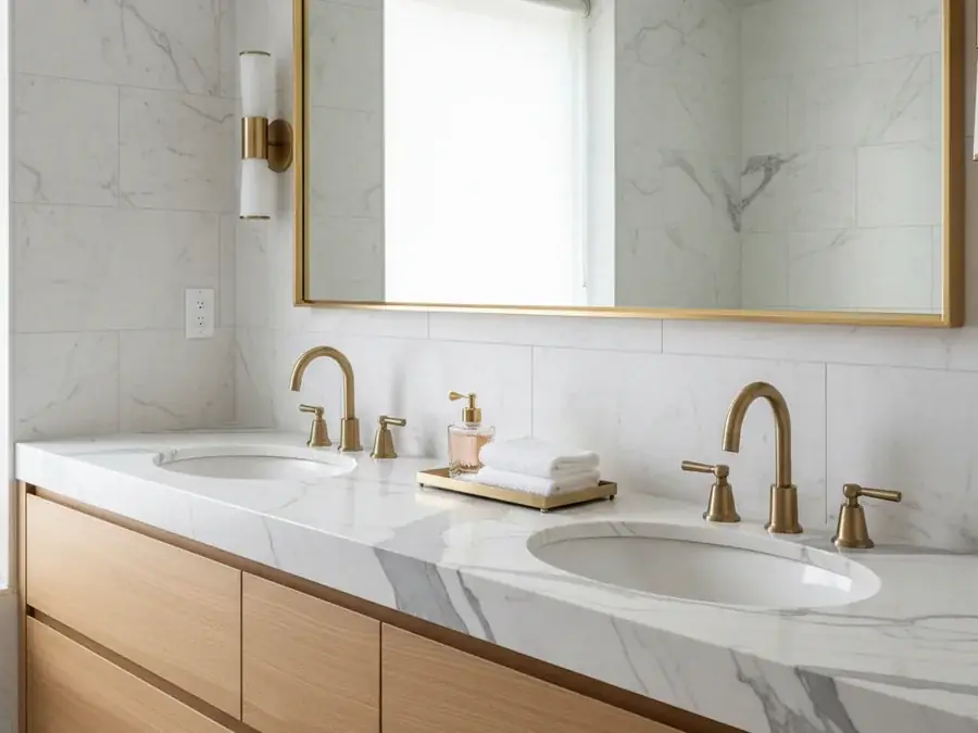 Master bathroom double vanity with white quartzite top, two undermount sinks, and brass faucets