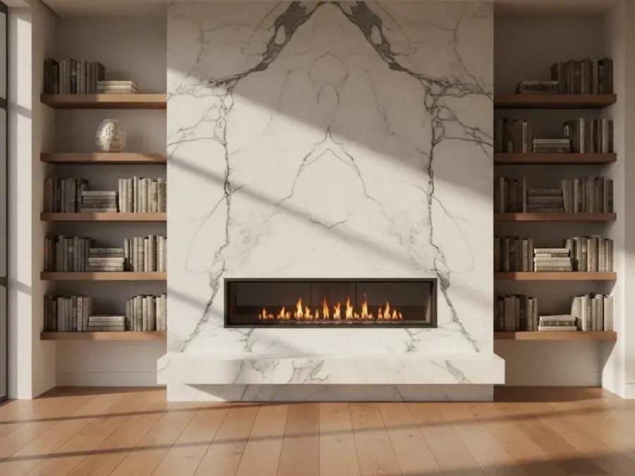 Great-room fireplace with full-height Calacatta marble surround and slab hearth flush with the floor
