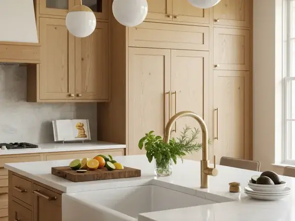 Luxury Florida kitchen with white quartz waterfall island