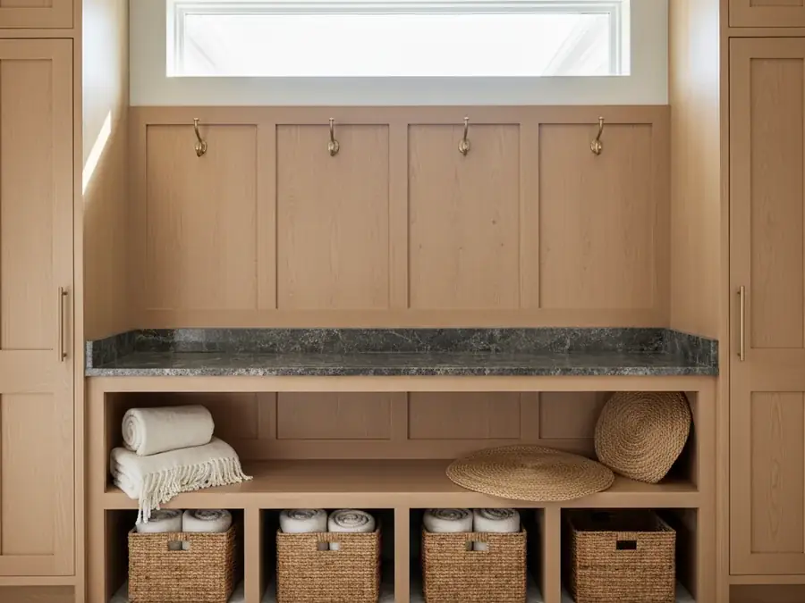 Florida coastal home mudroom with built-in bench featuring leathered granite countertop and oak millwork