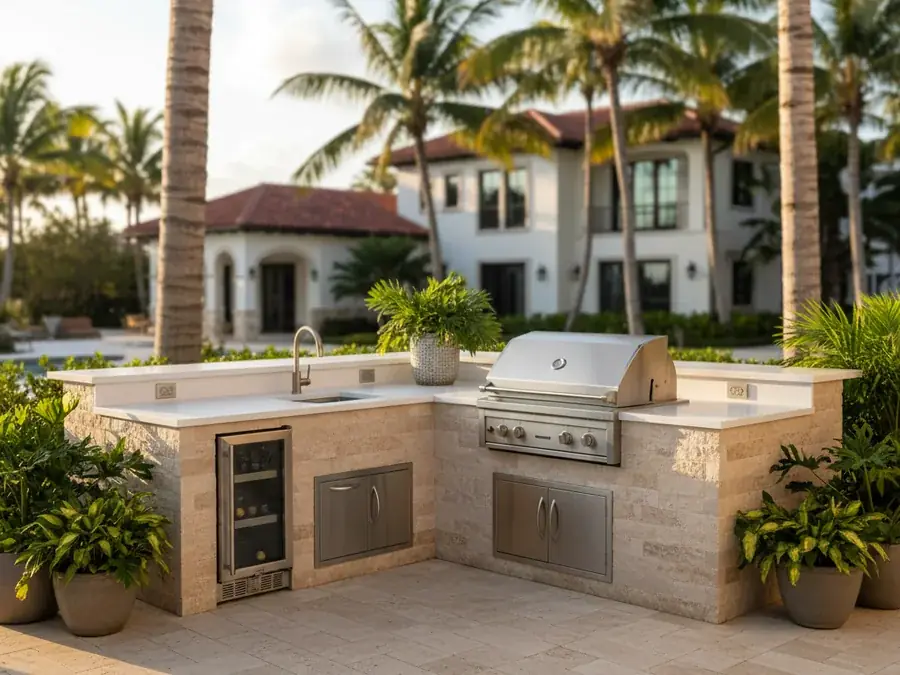 Florida coastal outdoor kitchen with porcelain countertop wrapping an L-shaped grill island at golden hour