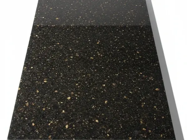 Polished black galaxy granite slab with golden mineral flecks